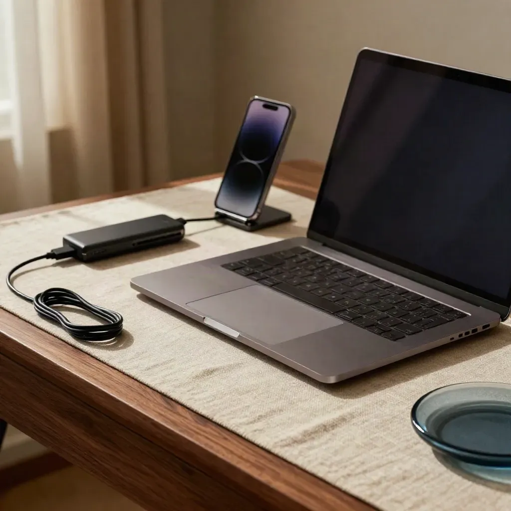 Laptop chiuso, smartphone su supporto e lettore card in un angolo studio luminoso.