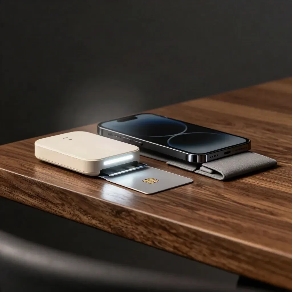 Lettore card con luce di attivazione, smartphone bloccato e chip card su legno scuro.