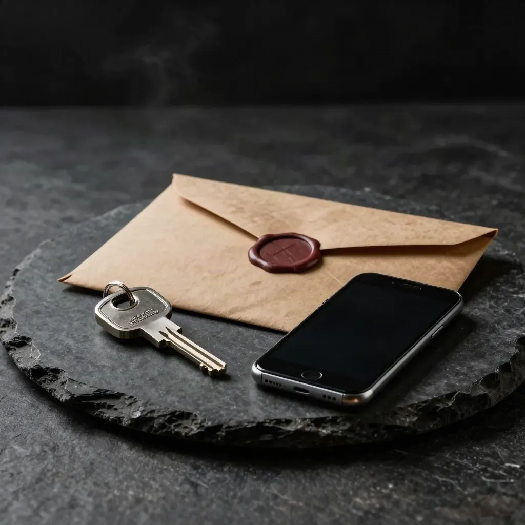 Kit di recupero credenziali su pietra scura con telefono, chiave di sicurezza e busta sigillata.