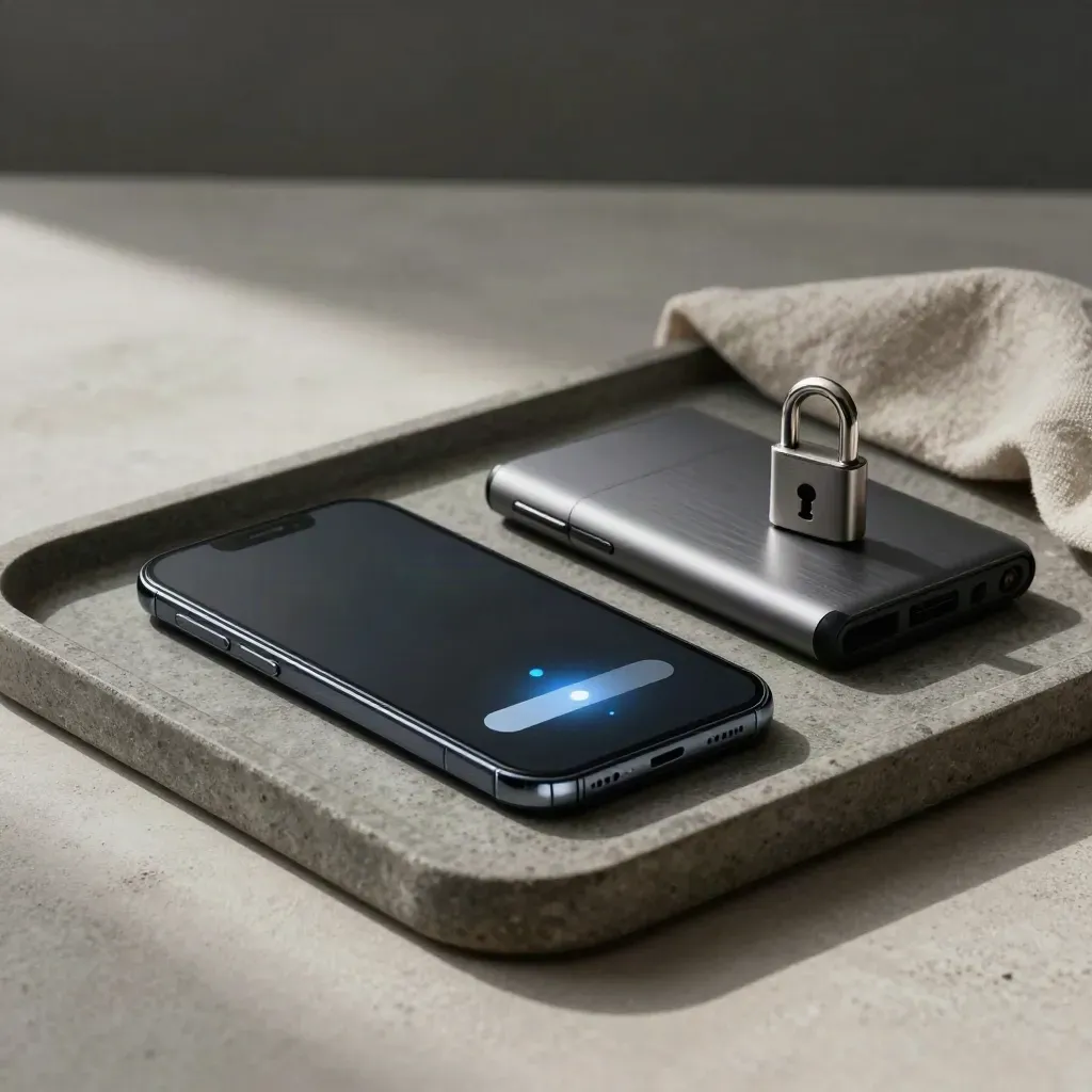 Smartphone, lettore card e token a lucchetto su vassoio di pietra, luce morbida blu.