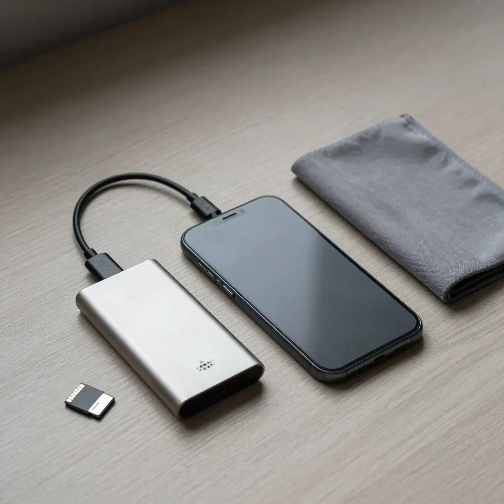 Kit per trasferimento file con smartphone, lettore card, cavo USB-C e microSD su legno chiaro