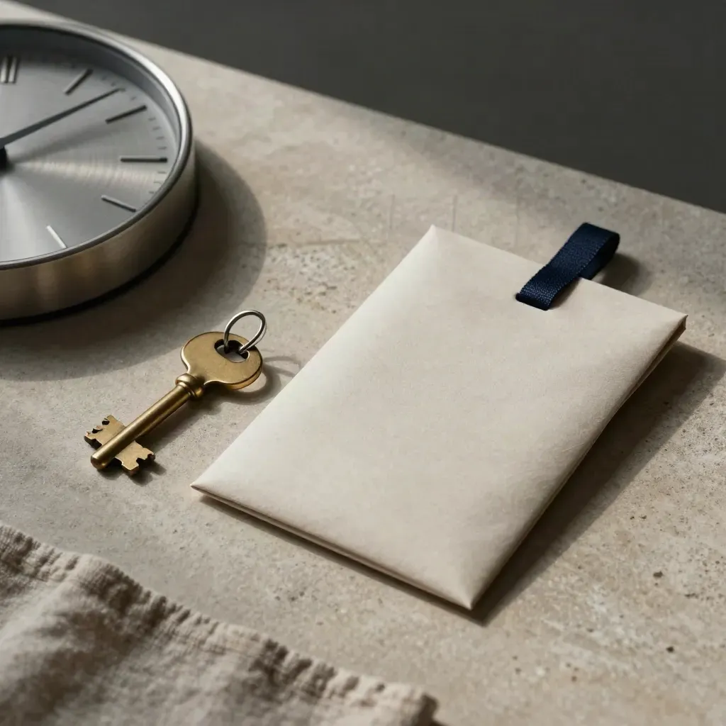 Flatlay dall’alto con orologio, chiave di casa e busta appuntamento sigillata su cemento chiaro.