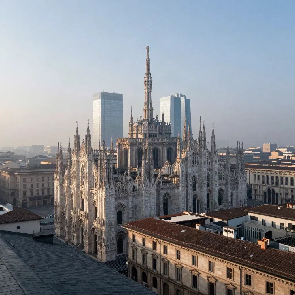 Milano all’alba con il Duomo e i grattacieli tra la nebbia