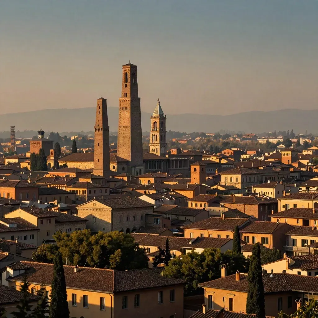 Bologna al tramonto con le Due Torri e i portici, avvolta da una lieve foschia.