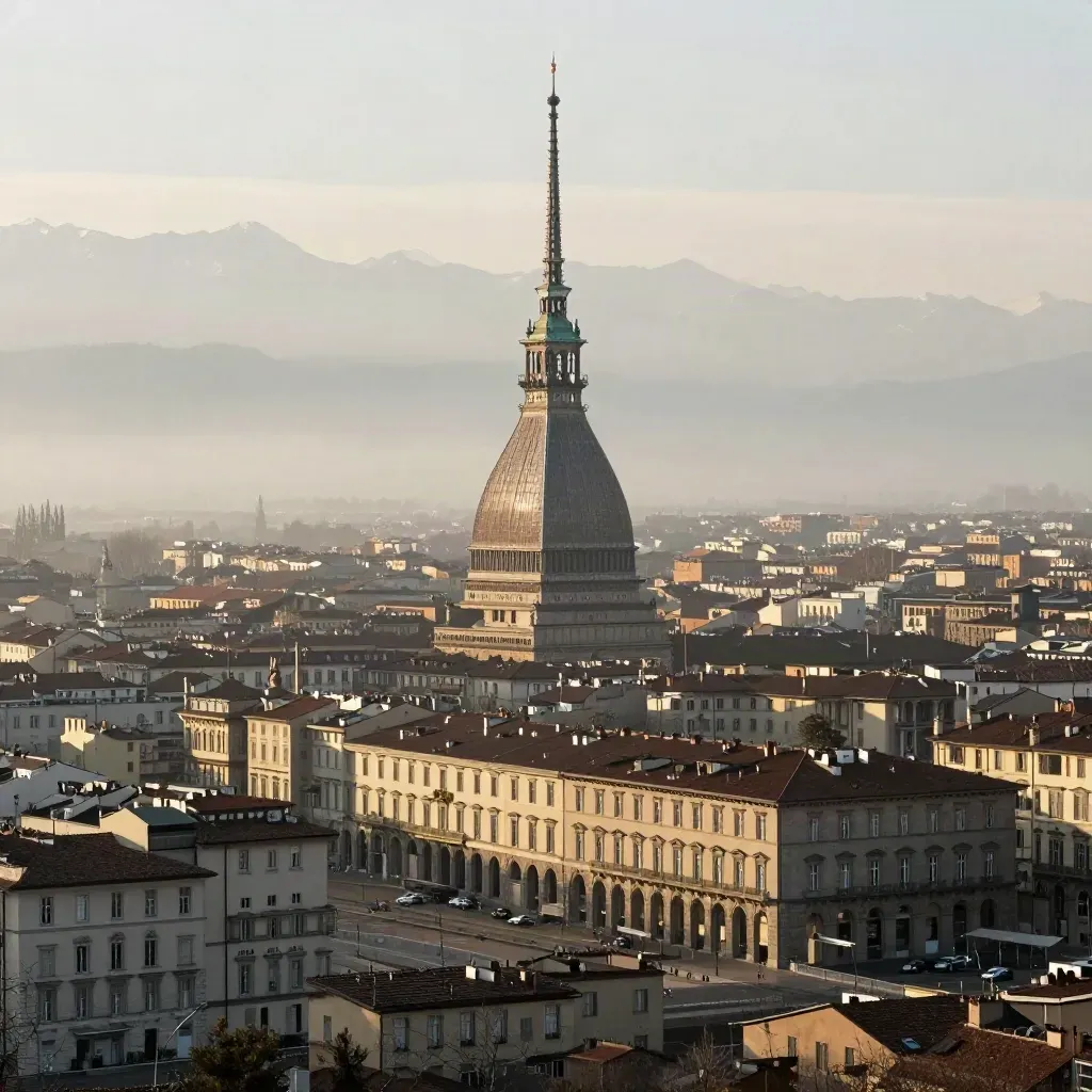 La Mole Antonelliana tra foschia mattutina e Alpi lontane sopra i tetti di Torino.