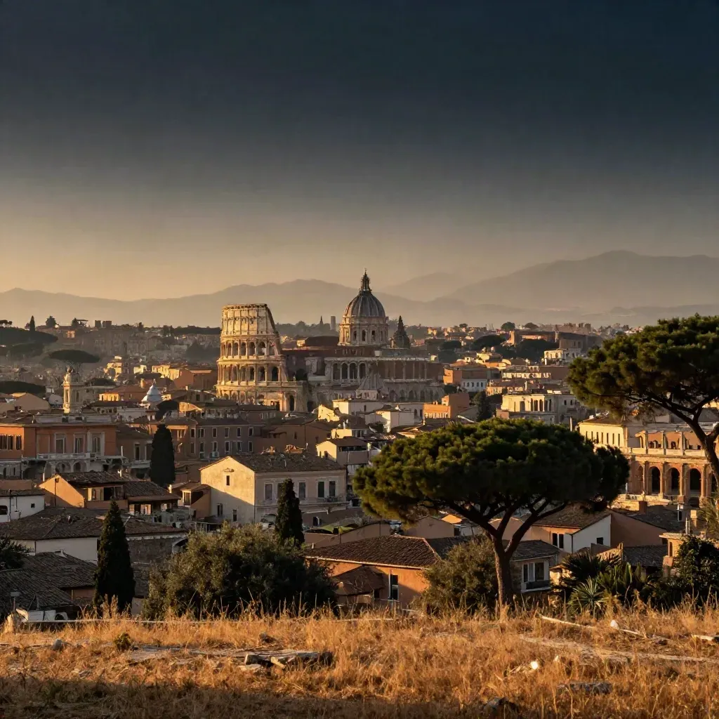 Vista su Roma con pini marittimi e Colosseo in lontananza, immersa in luce dorata.